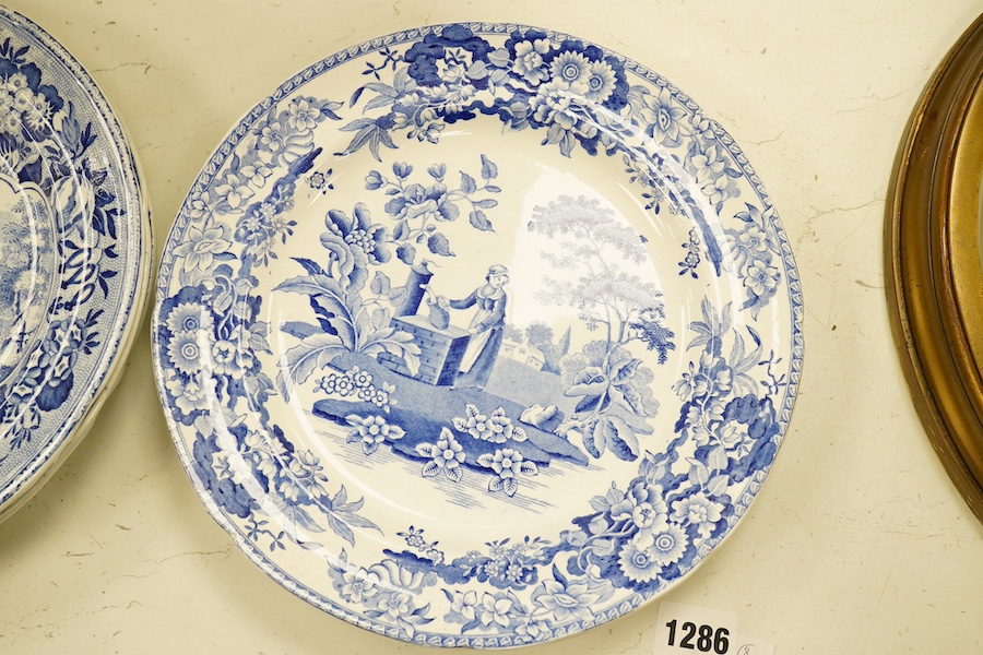 Six early 19th century blue and white transfer printed plates, including Spode, and three Wedgewood months blue and white plates, c.1900 largest 26cm in diameter. Condition - fair